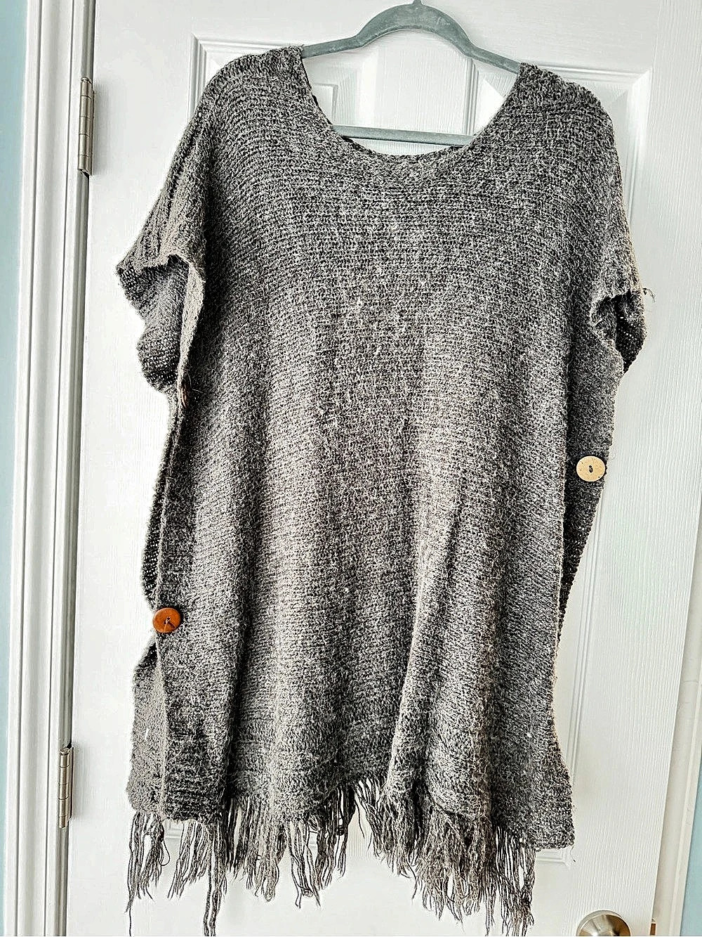Gray Fringe Knit Poncho Sweater